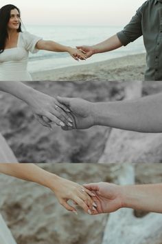 two people are holding hands on the beach