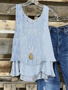 Blue Striped Casual Layered Hem Sleeveless Tank Top Summer Goddess, Flowy Dresses, Two Piece Jumpsuit, V Neck Tank Top, Tops Casual, Fashion Catalogue, Summer Tank, Long Sleeve Short Dress, Tank Top Camisole