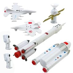 a group of toy rockets sitting next to each other