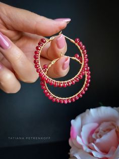 Genuine Ruby Gold Hoop earrings, Gemstone earrings for women, Gemstone Hoop earrings, Genuine Ruby Gemstone, Birthday gifts for her, Christmas gifts These charming, elegant and attractive gold /14K/ hoop earrings made of genuine 3 mm ruby.  Hoops size - 4 cm. Handmade Round Earrings For Birthday, Hoop Crystal Earrings For Gifts, Crystal Hoop Earrings Gift, Handmade Crystal Hoop Earrings For Gift, Handmade Hoop Earrings For Celebration, Hoop Earrings With Ear Wire For Valentine's Anniversary, Wire Wrapped Hoop Earrings For Party, Wire Wrapped Hoop Earrings For Jewelry Making, Handmade Dangle Hoop Earrings For Anniversary