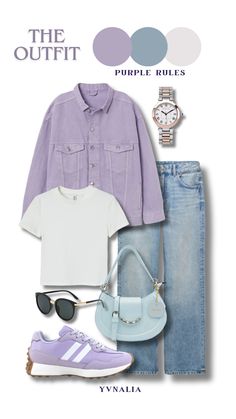 Purple Denim Jacket Outfit Ideas Lavender Casual Outfit, Minimalist Colorful Outfit, Lilac Colour Combinations Outfit, Styling Purple Jeans, Purple Denim Outfit, Purple Matching Colors, Purple Denim Jacket Outfit, Jacket Jeans Outfit Hijab, Navy Blue And Pink Outfit