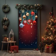 an open door decorated with christmas ornaments and decorations, next to a small christmas tree