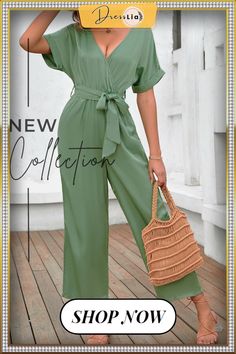 Fashion Casual Skinny Women Jumpsuit for Summer Women Jumpsuit New V Neck Lace-up Solid Waist Short Sleeve Jumpsuit Belted V-neck Jumpsuits And Rompers For Vacation, V-neck Belted Jumpsuits And Rompers For Vacation, Belted V-neck Jumpsuit For Vacation, Green Solid Color Jumpsuits And Rompers For Vacation, Solid Color Vacation Jumpsuits And Rompers With Tie Waist, Solid Color Tie Waist Jumpsuits And Rompers For Beach, Green Belted Jumpsuits And Rompers For Summer, Summer Green Belted Jumpsuits And Rompers, Chic Belted Green Jumpsuits And Rompers