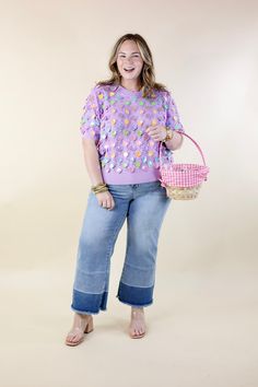 Indulge in the festive spirit with our 'Eggcellent Style' Queen of Sparkles sweater. Showcasing delightful short sleeves and a lively display of colorful Easter eggs, this sweater brings joy to any occasion. Available in sizes XS to 2XL, it's a playful addition to your spring wardrobe Models: Abby is wearing a size large. Size Suggestions and Measurements: XS: 0-2 | Bust: 19 inches across the front | Length: 18 inches Small: 4-6 | Bust: 21 inches across the front | Length: 19 inches Medium: 8-10 Multicolor Tops For Holiday And Spring Season, Multicolor Tops For Spring Holiday, Casual Spring Festive Tops, Egg Sweater, Queen Of Sparkles, Sparkle Sweater, Brings Joy, Coloring Easter Eggs, Spring Wardrobe