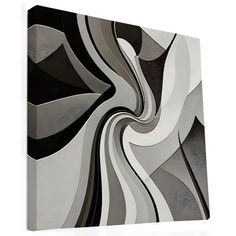 an abstract black and white art piece on canvas with silver foiled edges, in the shape of wavy lines