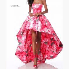 Strapless Taffeta High Low With Floral Print. Please Refer To These Body Measurements As Gown Has Been Altered: Bust: 34, Waist: 26 1/2, Hip: 37 Pink Rose Print Dress For Wedding, Sherri Hill Dresses, Sherri Hill, Body Measurements, High Low Dress, Pink And Green, High & Low, High Low, Floral Print