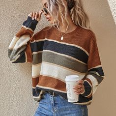 Xs=2 S=4 M=6 L=8/10 Xl=12 Xxl=14 Brand New Ships In 6-10 Days Color: Multicolor Style: Casual Pattern Type: Striped Type: Pullovers Neckline: Round Neck Sleeve Length: Long Sleeve Sleeve Type: Drop Shoulder Length: Regular Fit Type: Oversized Fabric: Slight Stretch Material: Acrylic Composition: 100% Acrylic Care Instructions: Machine Wash Or Professional Dry Clean Sheer: No Oversized Striped Sweater, Oversized Sweater Women, Pull Oversize, Oversized Jumper, Ținută Casual, Modieuze Outfits, Drop Shoulder Sweaters, Thanksgiving Outfit, Round Neck Sweaters