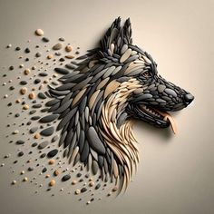 a wolf head made out of wood and stones on a wall with pebbles scattered around it