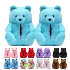 two teddy bears sitting next to each other with different colors and sizes on the back