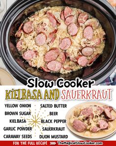 an advertisement for a slow cooker with sausage and sauerkraut