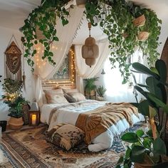 a bed room with a neatly made bed and lots of plants