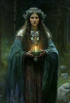 a painting of a woman holding a candle in her hands and wearing a green cloak