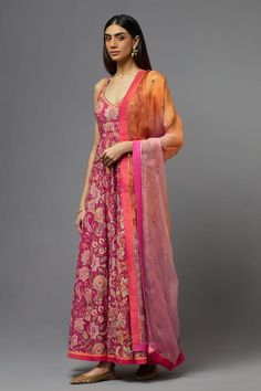 Fuchsia silk anarkali with floral and thread embroidery. Comes with a dupatta. - Aza Fashions Pink Sleeveless Anarkali Traditional Wear, Pink Embroidered Churidar For Reception, Embroidered Pink Churidar For Reception, Sleeveless Pink Anarkali Set For Festivals, Pink Sleeveless Anarkali Dress, Designer Sleeveless Pink Anarkali Set, Pink Embroidered Maxi Length Dupatta, Pink Sleeveless Semi-stitched Anarkali Set, Embroidered Maxi Length Pink Dupatta