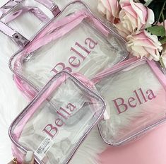 Personalised Initials Cosmetic Travel Bag Set (S,M,L OR 3PC)  -This is the perfect choice for organising all your cosmetics and accessories. -It is great for travelling and outdoor use. -Can be used for professional and personal use. -Constructed of transparent, simple to clean, PVC material. Choice of bag colour: Pink or Black, Metallic Gold, Metallic Pink, Metallic Silver Choice of bag size: Small, Medium, Large or 3PC Set (Metallic Bags come as sets only) Personalisation:  1.Name (max 12 characters). Please do not use any special characters. Please Note: The names will be the same for ALL 3PC bag sets and they will be the same colour. Please double check you have entered the correct bag size, vinyl colour and Initials before purchasing. BLACK + HOT PINK Bag Sizes:  Large bag with zip an Metallic Bags, Makeup Bag Set, Hot Pink Bag, Personalized Cosmetic Bags, Travel Bag Set, Clear Makeup Bags, Bag Names, Personalized Makeup Bags, Cosmetic Bag Set