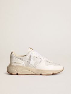 Women's Running Sole in mesh and white nappa | Golden Goose White Mesh Sneakers With Textured Sole, White Medium Fit Leather Running Shoes, Leather Sneakers With White Sole For Running Errands, Leather Sneakers With White Sole For Errands, White Mesh Running Shoes With Contrast Sole, Leather Running Shoes For Casual Wear, Cream Leather Sneakers With Translucent Outsole, White Mesh Sneakers With Contrast Sole, Classic Cream Sneakers With Perforations