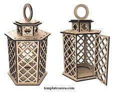 two wooden lanterns sitting next to each other