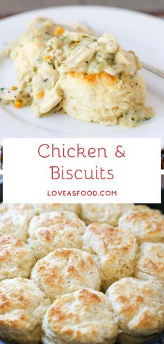 chicken and biscuits on a white plate with the words loveasfood com