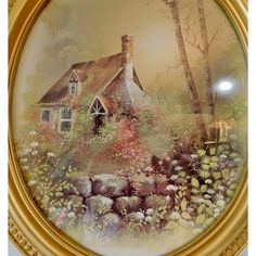 a painting of a house in the woods with trees and flowers on it's side