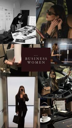 a collage of photos showing women in business attire and accessories, including purses