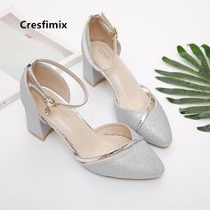 Cresfimix bridal sexy wedding party square heel pumps for ladies women fashion golden high heel Office Heels, Wedding High Heels, Golden Shoes, Party Night Club, Stylish Heels, Casual High Heels, Club Shoes, Ankle Strap High Heels, Summer Heels