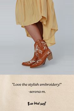 Whether you're two - stepping on the dance floor or strolling through the city streets, the Dolly Embroidered Cowboy Boot is the perfect addition to your boho wardrobe because they features: Man - made faux leather material Classic cowboy boot design So cute embroidery details throughout Rounded toe for comfort and style Block wooden heel *Due to lighting and differences in monitors, actual colors may vary slightly from what appears online. Approximate measurements are as follows: Fits True To S Boho Wardrobe, Boho Essentials, Classic Cowboy, Boot Design, Bralette Outfit, On The Dance Floor, Cute Embroidery, Wooden Heel, Cowboy Boot