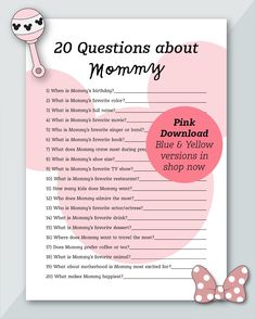 a pink bow tie and question sheet with the words 20 questions about mommy on it