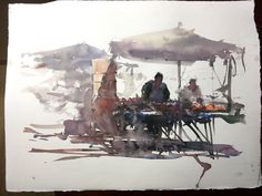 watercolor painting of people sitting at an outdoor table with umbrellas over it and other items on the ground