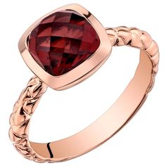 This 2.5 carats Natural Garnet ring features a beautiful cushion cut gemstone, set in hypoallergenic 14k Rose Gold.Main Stone Gemstone: Natural Garnet Size: 7 x 7 mm Carat weight: 2.5 carats Shape: cushion cut Metal information and dimensions Metal: 14k Rose Gold Weight: 2.25 grams Durable, hypoallergenic, and crafted Jewelry Questions, Dome Ring, Garnet Ring, Domed Ring, Garnet Rings, Garnet Gemstone, Red Garnet, Birthstone Ring, Cushion Cut