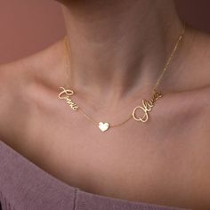 Stylish and minimalist 14K gold personalized mom necklace with kids names for everyday wear. Great for layering.  Unique personalized gift idea to show love to the important people in your life with a cute, dainty, and creative gift. You can add the names of your family members for a unique personalized gift for mothers.. The two names necklace can also be a special anniversary gift for significant others. Just engrave your and his/her name. It is a perfect gift. This custom name necklace with h Kids Name Necklace For Mom, Dainty Customizable Charm Necklace For Mother's Day, Minimalist Customized Name Necklace For Mom, Minimalist Customized Name Necklace As Gift For Mom, Customizable Dainty Charm Necklace For Mother's Day, Dainty Customizable Name Necklace For Mother's Day, Customizable Dainty Name Necklace For Mother's Day, Minimalist Name Necklaces For Birthday Gift, Customized Dainty Name Necklace For Mother's Day