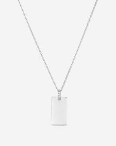 Engravable Rectangle Pendant Necklace in White Gold without engraving. Diamond Necklace With Rectangular Pendant, Modern 14k White Gold Diamond Necklace, Rectangular Diamond Cut Diamond Necklace, Luxury Rectangular Diamond Cut Necklace, Engraved White Gold Diamond Necklace For Formal Occasions, Luxury Diamond Necklace With Rectangular Accents, Classic Rectangular Diamond Necklace, Modern White Gold Diamond Necklace With Polished Finish, Modern Diamond Square Pendant Jewelry