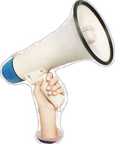 a hand holding a white and blue megaphone