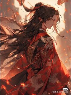 an anime character with long hair in a red kimono