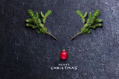 a christmas card with two green leaves and a red ornament hanging from it's side