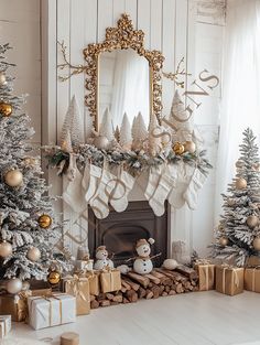 a fireplace decorated for christmas with stockings and presents