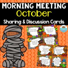 an orange and black poster with the words morning meeting october sharing discussion cards for students