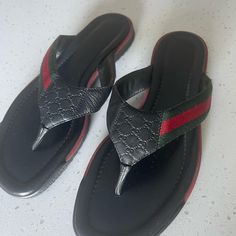 Brand New Never Worn Gucci Tongs. Leather And Classic Strap. Gucci Black Leather Sandals, Black Gucci Open Toe Sandals, Black Leather Gucci Slides, Gucci Red Round Toe Sandals, Black Gucci Slip-on Sandals, Gucci Black, Gucci Shoes, Women's Shoes Sandals, Shoes Sandals