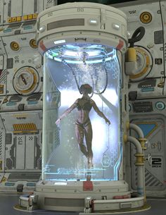 a sci - fi avatar is displayed in front of a space station with various controls and equipment