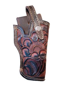 a brown and blue tool pouch with an intricate design on it's side,