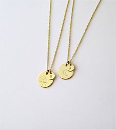 "Minimalist Sun and Moon friendship necklaces with initial disks. Matching couple necklaces set. Sun and Crescent friendship jewelry. Gold plated brass, or Rhodium plated brass (for silver tone). This listing is for set of two necklaces. - big disc 11 mm, small disc 6 mm - gold or silver tone, see the picture 4 - select your length necklace in the drop down menu - lobster or round clasp closure - the adjustable chain part 2 inch is added only on buyer request and it is free - just include a note Minimalist Pendant Charm Necklace For Best Friend, Minimalist Charm Necklaces For Best Friend Gift, Minimalist Charm Necklace For Best Friend Gift, Dainty Personalized Necklace For Friendship, Personalized Dainty Necklace For Friendship, Dainty Personalized Friendship Necklace, Minimalist Initial Pendant Necklace As Best Friend Gift, Minimalist Initial Pendant Necklace For Best Friend, Minimalist Round Pendant Necklace For Friendship