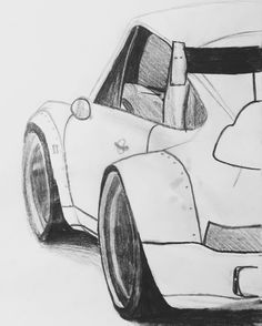 a pencil drawing of a car with the hood up and side view mirror on it