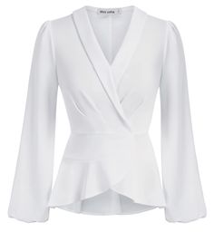 PRICES MAY VARY. Unique Feature - This dressy tops for women features shawl collar, wrap v neck, long lantern sleeves with elastic cuffs, solid color, slim fit, irregular wrap hem, peplum tops, brings a novel and chic look. Stretchy material makes it suitable for various body types. Elegant Tops - Stylish and elegant wrap blouse for women dressy show women's sexy waist line and curve. Stretchy fabric makes it a comfortable top layer for transition weather. Multi Occasions - This wrap tops absolu Womens Peplum Tops, Women Fall Tops, Office Top, Lapel Top, Long Sleeve Wrap Top, Formal Tops, Peplum Tops, Dressy Shirts, Retro Mode