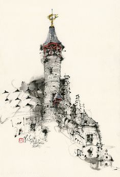 a drawing of a tower with a clock on it