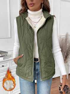 Verde Casual Collar sin mangas Tela tricotada Liso Chaleco Embellished No-Elástico Green Sleeveless Jacket, Plain Vest, Chaleco Casual, Crochet Clothing, Vest Coat, Padded Coat, Sleeveless Jacket, Green Coat, Woolen Coat