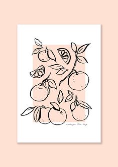 a drawing of oranges and leaves on a pink background