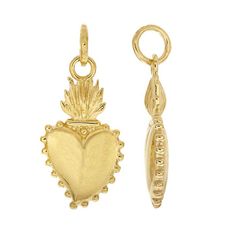 This sterling silver charm features a stylized, 3D sacred heart motif and a beaded border. The charm is ideal for adding to a necklace, bracelet or anklet or for attaching to a clasp or split ring to accent backpacks, coat zippers, lanyard cords and other accessories. This charm is plated with yellow gold, giving the charm the look of karat gold at a great price point and helping to a tarnish-resistant finish. Symbolic Heart-shaped Jewelry For Jewelry Making, Heart-shaped Symbolic Jewelry For Jewelry Making, Symbolic Pendant Charms With Lobster Clasp, Spiritual Pendant Charms With Dangling Details, Spiritual Heart Beads Pendant Jewelry, Spiritual Pendant Jewelry With Heart Beads, Spiritual Heart Bead Pendant Jewelry, Spiritual Pendant Charms With Lobster Clasp, Symbolic Heart-shaped Jewelry With Charms