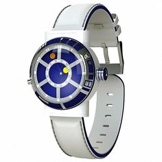 a white watch with blue and yellow dials on it's face, sitting against a white background