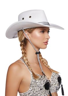 giddy up! This cowboy hat has braided trim details, a wide upturned brim, and adjustable straps beneath the chin. White Western Brimmed Sun Hat, White Country Style Fedora For Outdoor, White Fedora Sun Hat For Rodeo, Western White Fedora Sun Hat, Country Style White Sun Hat For Rodeo, White Western Fedora Sun Hat, White Country Style Fedora For Rodeo, Country Style White Fedora For Rodeo, White Western Hat Bands For Outdoor