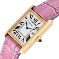 Cartier Tank Louis Yellow Gold Pink Strap Mens Watch W1529756 Box Card. Quartz movement. 18k yellow gold case 25.0 x 33.0 mm. Circular grained crown set with a blue sapphire cabochon. . Scratch-resistant mineral crystal. Silvered opaline dial with black radial Roman numeral hour markers and an inner minute track. Sword-shaped blue hands. Date calendar at 3 o'clock aperture. Secret Cartier signature at VII. Bright pink leather strap with 18K yellow gold tang buckle. Yellow Gold Rectangular Watch Accessories With Subdials, Rectangular Yellow Gold Watch Accessories With Subdials, Formal Yellow Gold Rectangular Watch Bands, Formal Rectangular Yellow Gold Watch Bands, Rectangular Yellow Gold Watch With Subdials, Rectangular Yellow Gold Watches With Subdials, Cartier Chronometer Watch Accessories In Yellow Gold, Cartier Yellow Gold Chronometer Watch Accessories, Gold Rectangular Chronometer Watch