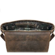 FREE GROUND SHIPPING & FREE MONOGRAMMING! BUFFALO LEATHER RUSTIC HUNTER FINISH This Arizona leather messenger bag offers style and function. Handmade from buffalo leather that builds a rich patina with use, this bag is as rough and tough as it looks. It has vintage styling, camouflage lining, and a roomy main section with a fully lined interior. There is plenty of room for files and folders. Organizer pockets hold your mobile phone, portable hard drive, pens, and charging cords. An open front po Casual Work Bag, Messenger Bag Leather, Vintage Styling, Buffalo Leather, Leather Messenger Bag, Bag Vintage, Leather Messenger, Hard Drive, Leather Men