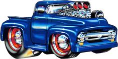 a drawing of a blue truck with chrome rims and an engine on the back